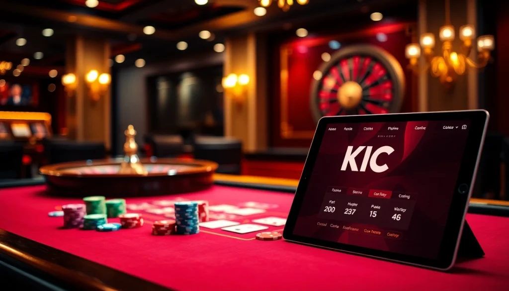 KJC poker table scene with colorful chips and luxurious ambiance enhancing gambling excitement.