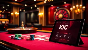 KJC poker table scene with colorful chips and luxurious ambiance enhancing gambling excitement.