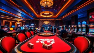 Experience the thrill of VJ88 with players at high-stakes poker tables in a luxurious casino.