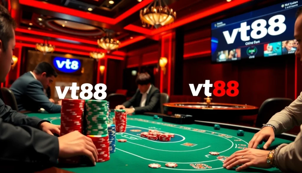 Engaging poker players at the vt88 casino table, showcasing excitement and strategy.