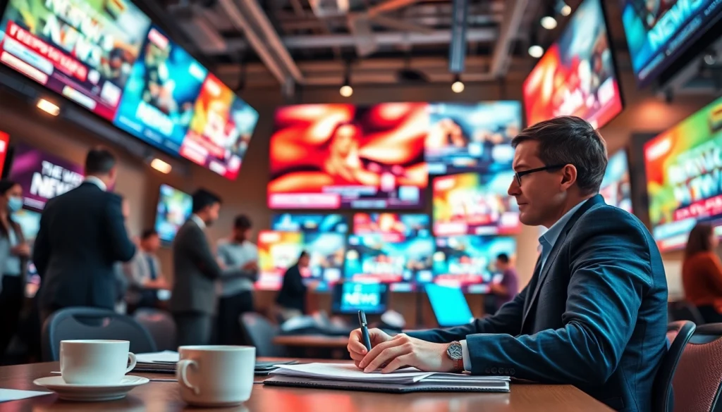 Engaging journalist working at https://www.todayville.com in a vibrant newsroom.