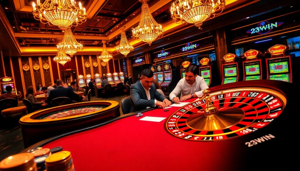 Experience the excitement at 23WIN's glamorous poker table and roulette wheel.