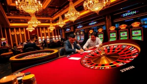Experience the excitement at 23WIN's glamorous poker table and roulette wheel.