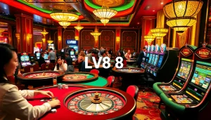 Experience thrilling gambling action at LV88 with vibrant casino tables and excited players.