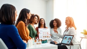 現代的なクリニック環境で女性の薄毛治療の選択肢について話し合う女性たち