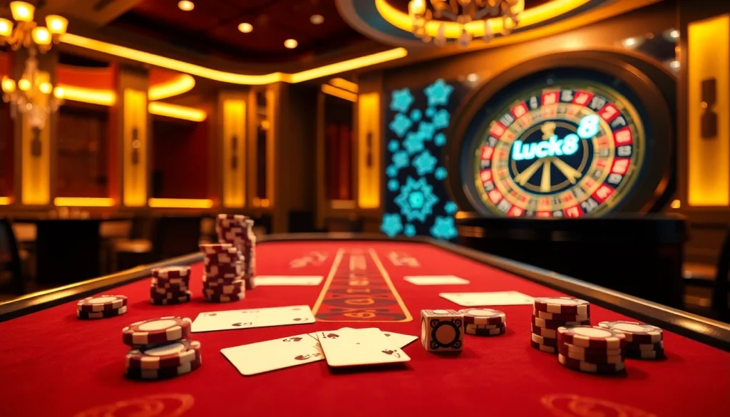 Experience the thrill of gambling at Luck8's luxurious blackjack table with vibrant betting elements.
