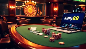 Experience exciting poker action at https://king88.limited/ with vibrant chips and a roulette wheel.