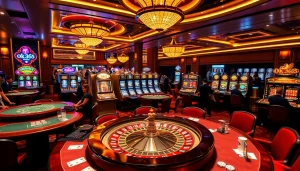 Exciting OK365 gambling scene with luxurious casino tables, roulette wheels, and vibrant slot machines.