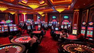 SODO casino scene with players at vibrant gaming tables, poker chips, and roulette wheels in action.