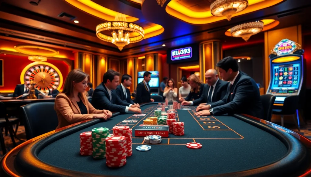 Players experiencing thrilling gameplay at a ku3933 casino table, full of vibrant poker chips and cards.