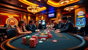 Players experiencing thrilling gameplay at a ku3933 casino table, full of vibrant poker chips and cards.
