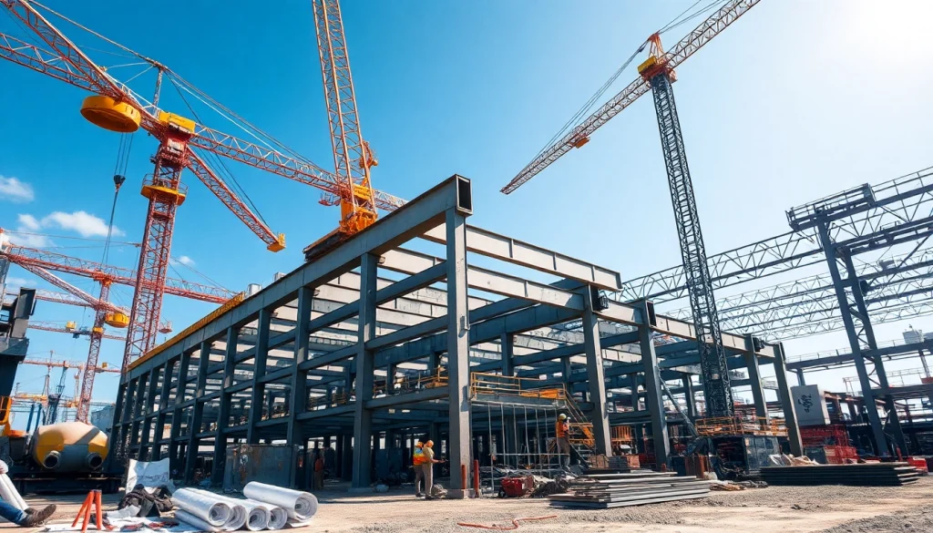 Workers engaged in structural steel fabrication highlighted by cranes and bright sunlight.