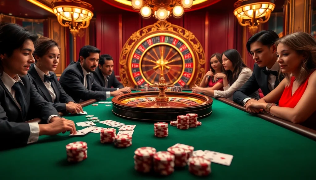 Players enjoy a thrilling game of poker at a luxurious 88aa casino table, showcasing excitement and professional ambience.