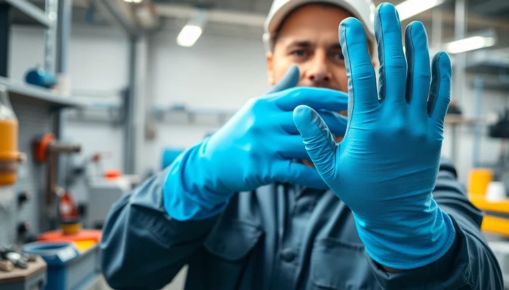 Worker demonstrating nitrile work gloves in an industrial setting for safety and efficiency.