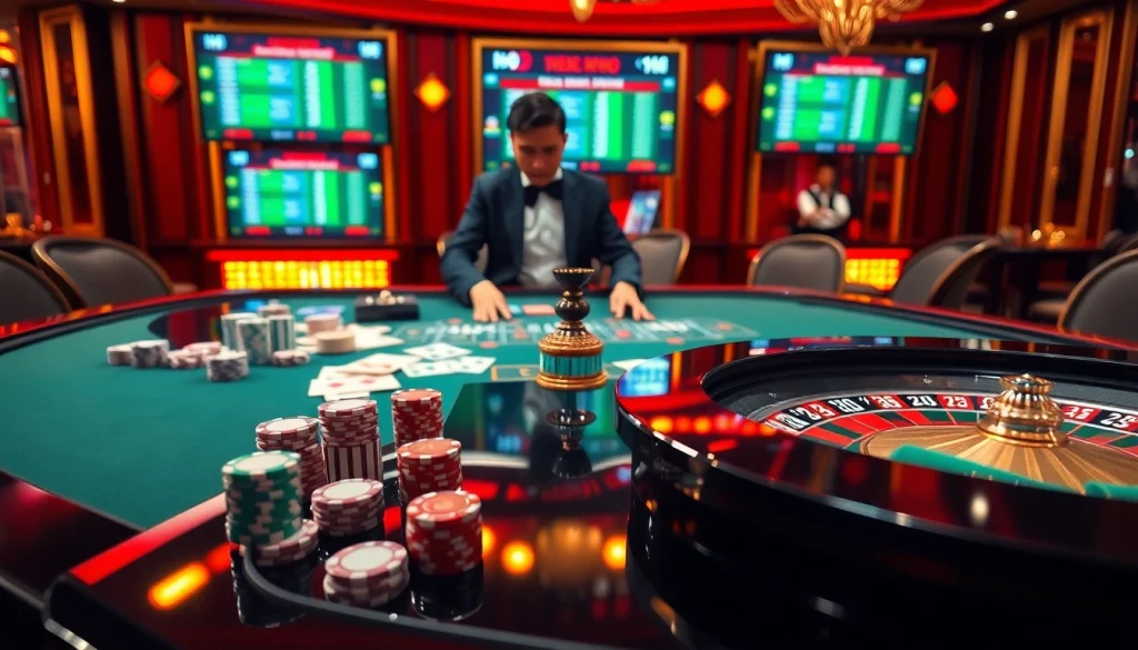 Gambling excitement at keonhacai5 with poker chips and a roulette wheel on an elegant table.