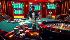 Gambling excitement at keonhacai5 with poker chips and a roulette wheel on an elegant table.