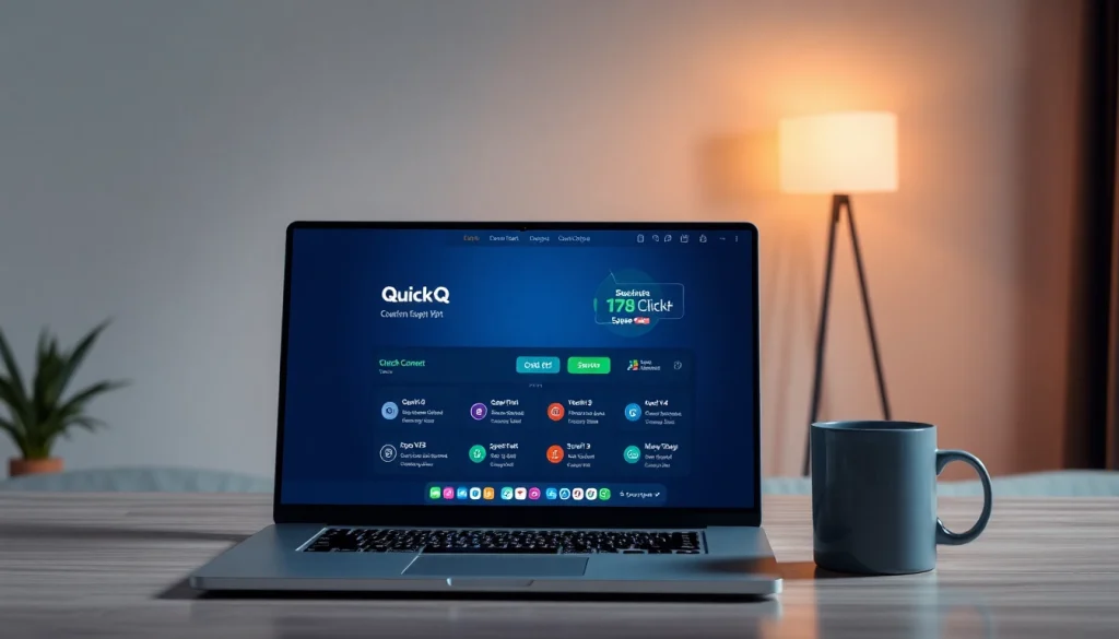 QuickQ电脑版界面显示在一台时尚笔记本上，展现其用户友好设计和VPN功能。