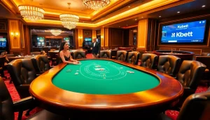 Kubet casino players enjoying a thrilling poker game with vibrant chips and a classic roulette wheel