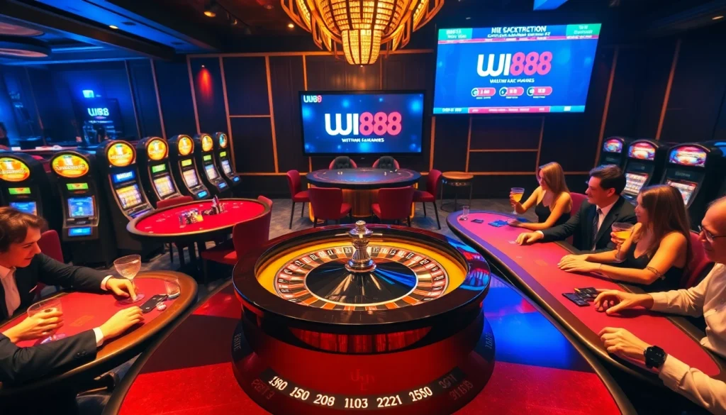 Players enjoying high-stakes gambling at a UU88 inspired casino, featuring a roulette wheel and poker tables.
