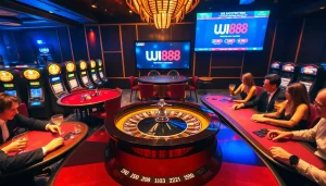 Players enjoying high-stakes gambling at a UU88 inspired casino, featuring a roulette wheel and poker tables.