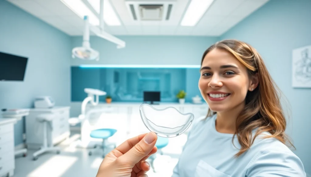 マウスピース矯正 おすすめ scene in a modern dental clinic with a happy patient