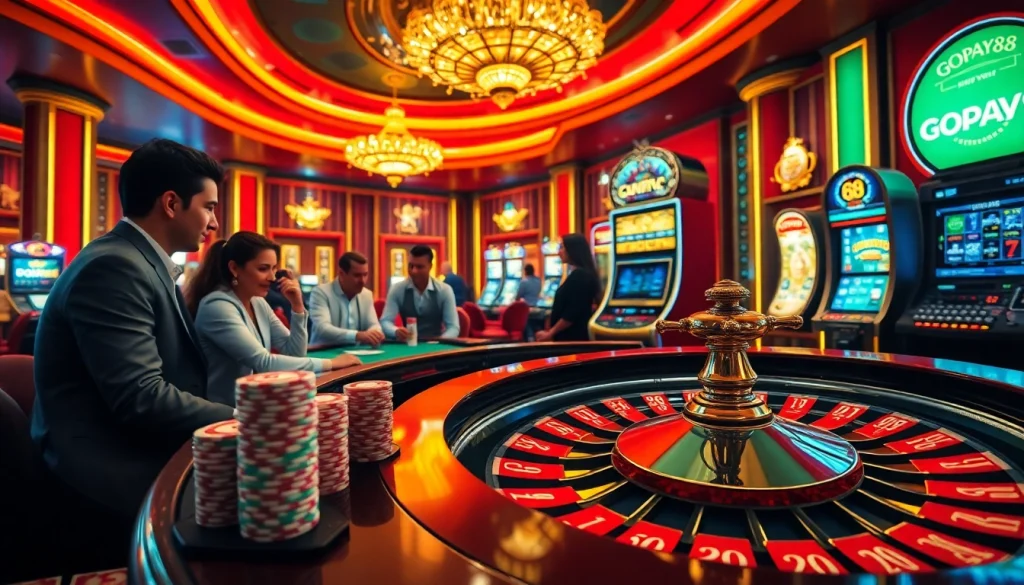 Engage in thrilling gameplay at Gopay88's luxurious casino with vibrant roulette and colorful chips.