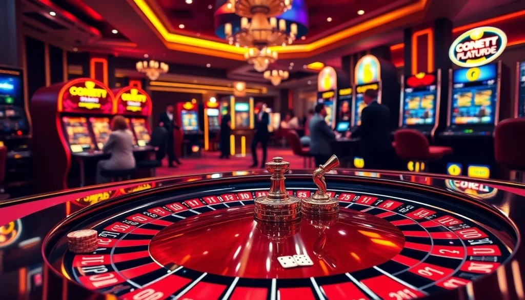 Experience thrill at one88 casino with vibrant roulette table and glamorous slot machines.