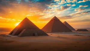 Explore the captivating pyraminds of Egypt under a dramatic sunset backdrop.