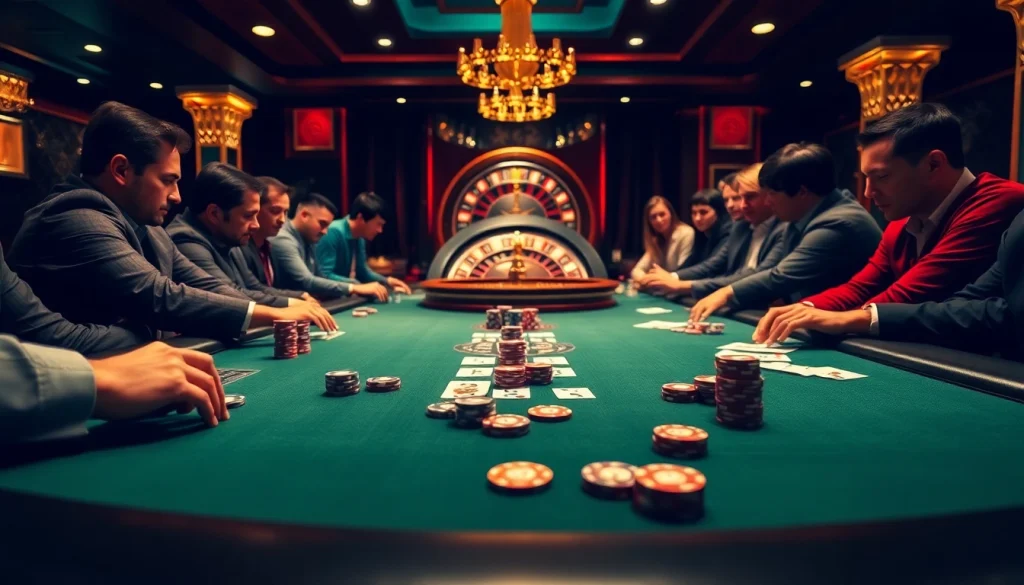 A thrilling poker scene featuring players engaged in game bài with vibrant chips and cards at a luxurious casino.