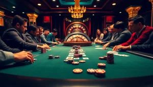 A thrilling poker scene featuring players engaged in game bài with vibrant chips and cards at a luxurious casino.
