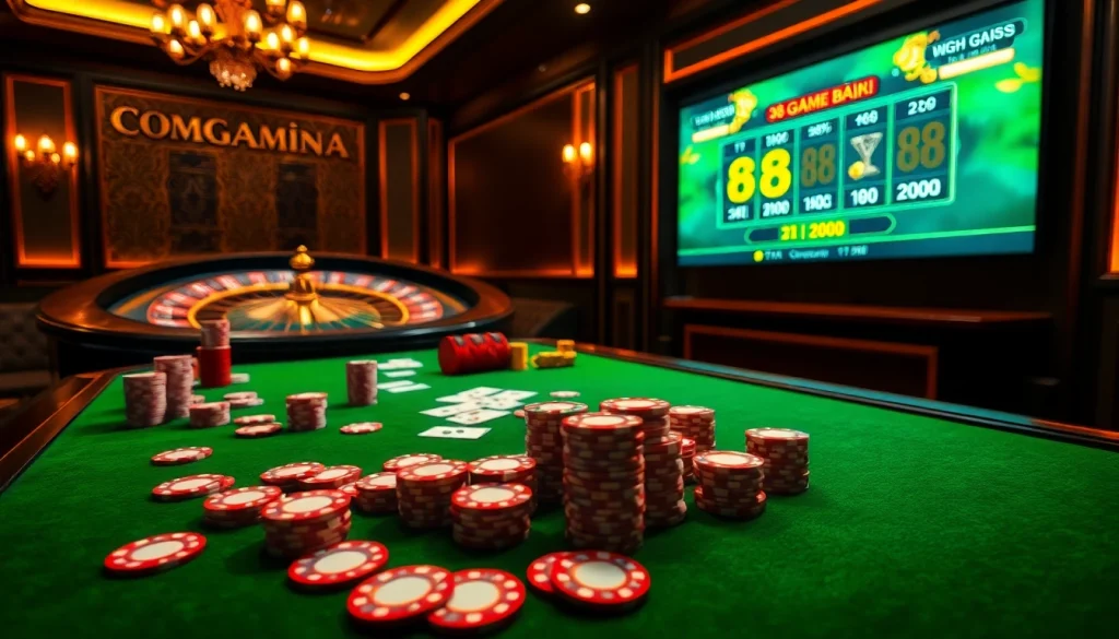 Experience the thrilling excitement of 68 Game Bài at a vibrant casino table with poker chips and cards.