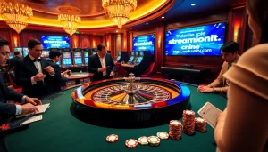 Gambling scene showcasing excitement at a roulette table while promoting https://vaoluoitv.it.com online football streaming.