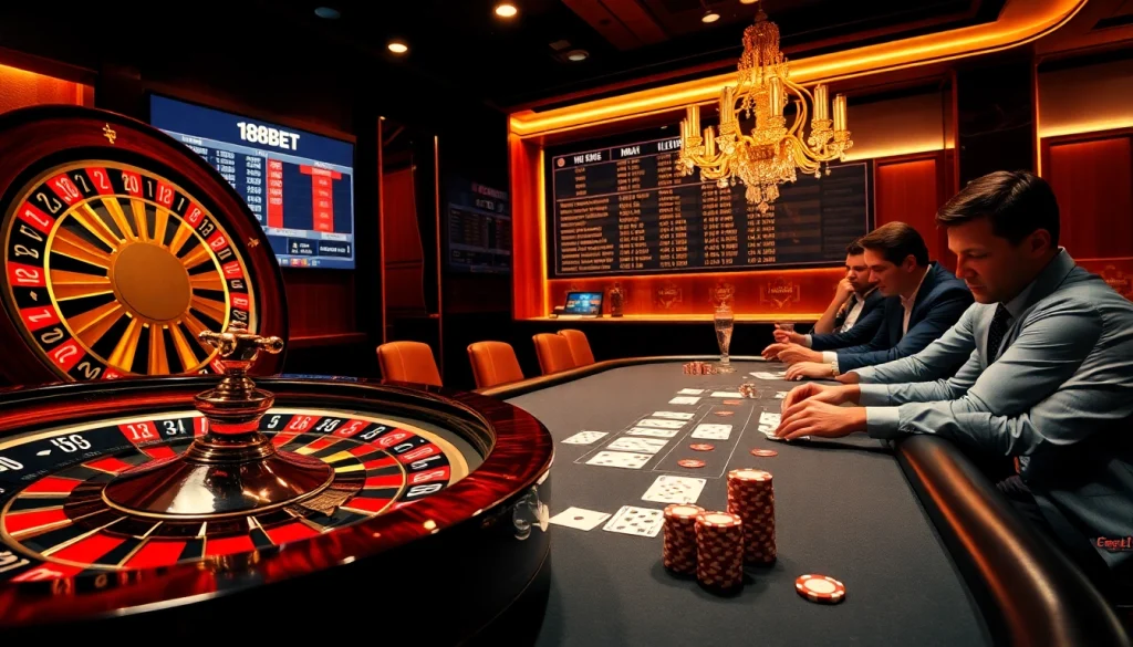 188BET players engaging at a vibrant casino table with cards and roulette.