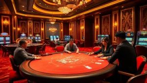 Experience the thrill at the meilleur casino en ligne with players at a lively poker table.