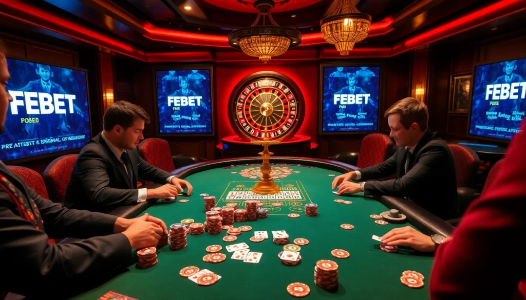 FEBET players strategizing at a luxurious poker table in an upscale casino.