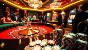 Experience luxury gambling at Fly88 with a vibrant roulette table and polished poker chips.