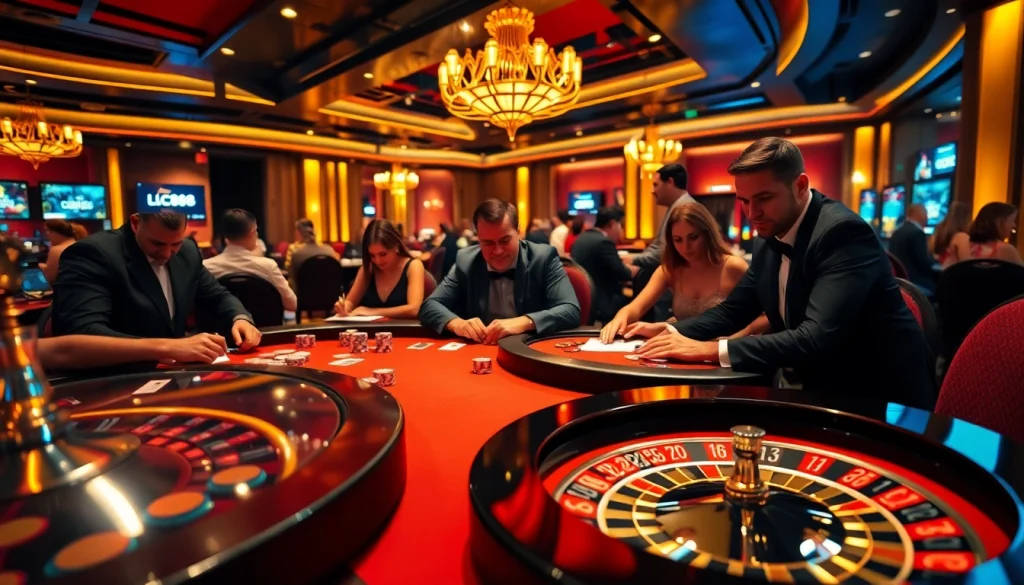 Exciting casino scene with players at tables featuring LC88 gaming elements and luxurious atmosphere.
