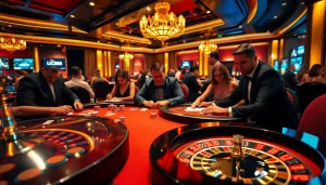 Exciting casino scene with players at tables featuring LC88 gaming elements and luxurious atmosphere.