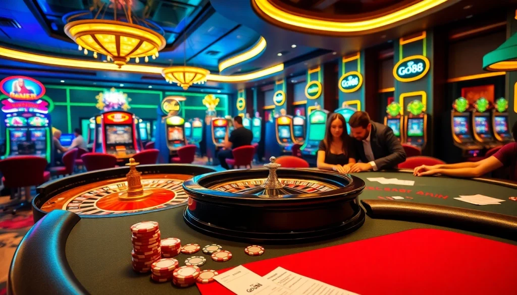 Good88 casino scene with players actively engaged at a roulette wheel and poker table.
