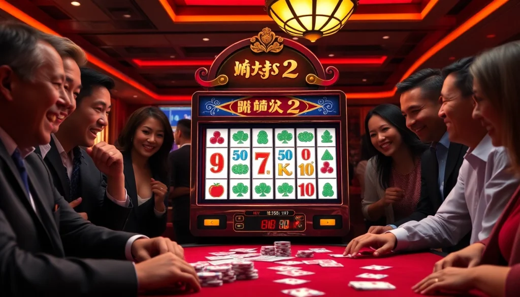 Players enjoy the thrilling Mahjong Ways 2 slot experience in a vibrant casino setting.