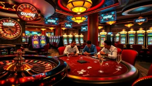 Engaging players at an oxplay-themed casino with lively slot machines and poker action.