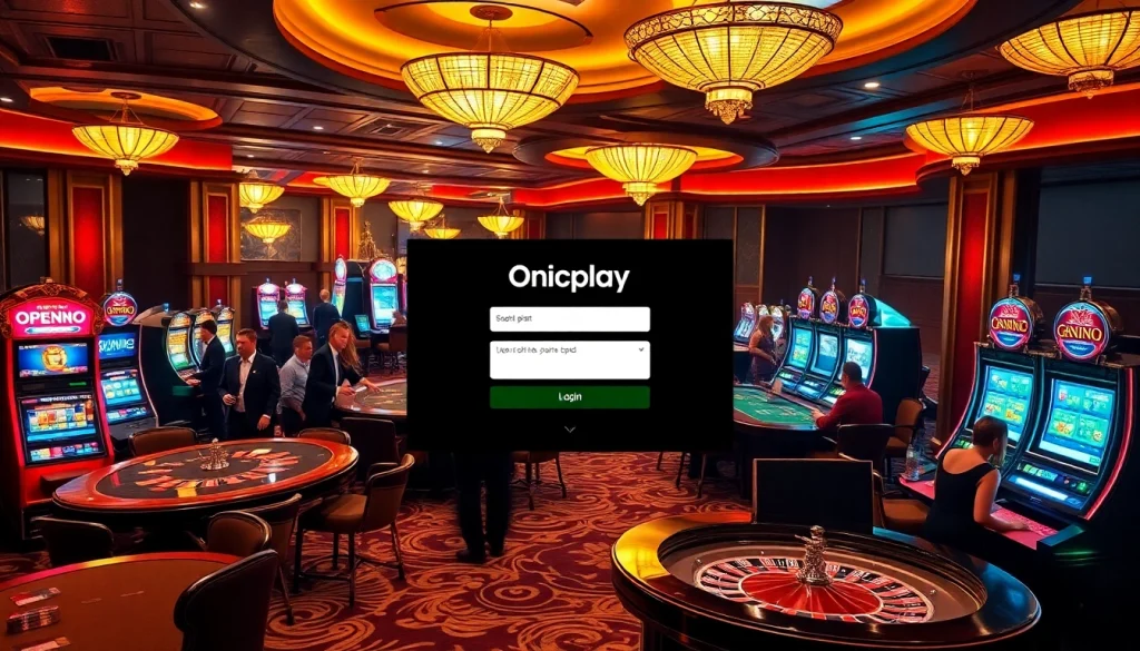 Experience the excitement of Onicplay login with elegant casino visuals featuring cards, slots, and roulette tables.