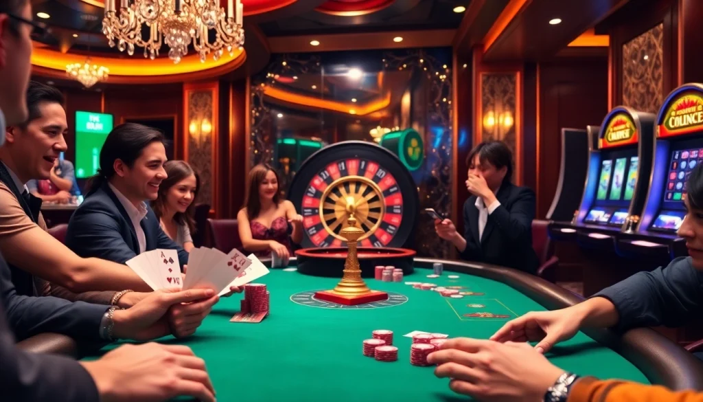 Players strategizing around a poker table in an upscale casino setting highlighting Go8's appeal.