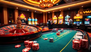 Experience the excitement of VMAX with vibrant casino elements like roulette and poker chips.