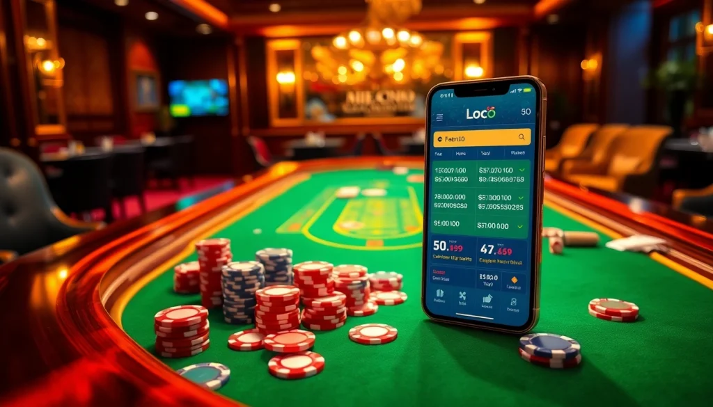 Experience the excitement of app Lô Đề with a smartphone at a luxurious casino poker table.