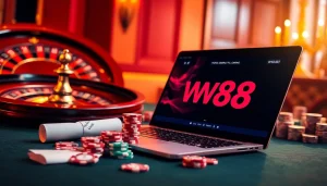 Engage with WW88's exciting online gambling experience featuring vibrant poker chips and a roulette wheel.
