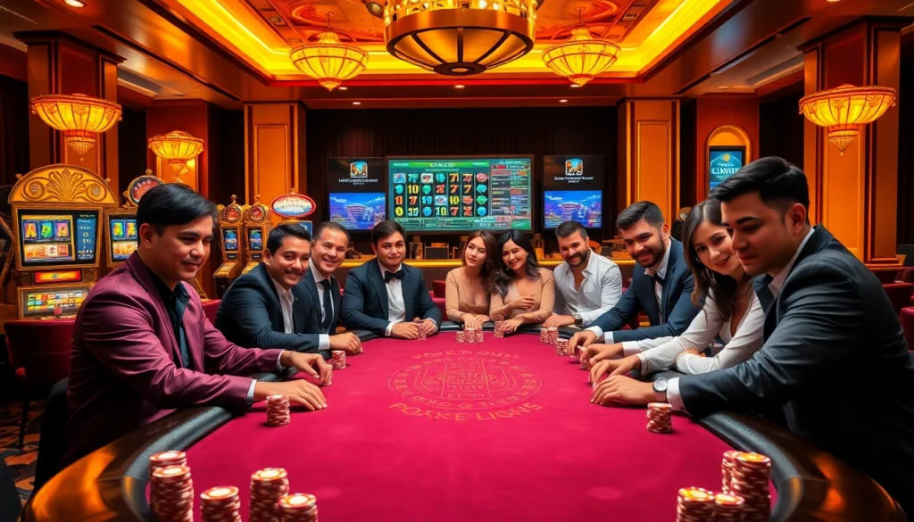 Players engaging in a high-stakes game at a luckywin casino poker table with vibrant slot machines.