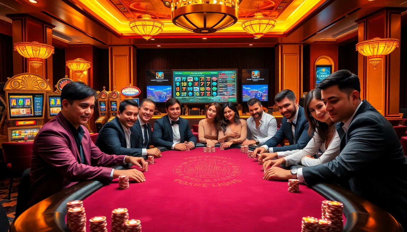 Players engaging in a high-stakes game at a luckywin casino poker table with vibrant slot machines.