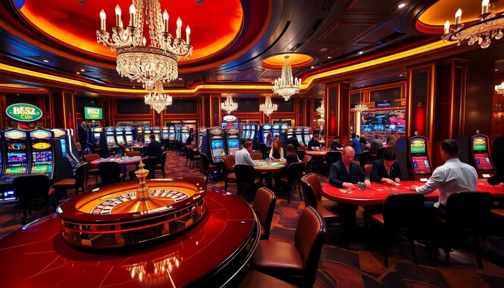 B52 Club vibrant casino scene with players enjoying poker and roulette.