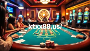 Experience excitement at https://xx88.us/ with a baccarat table surrounded by eager players.